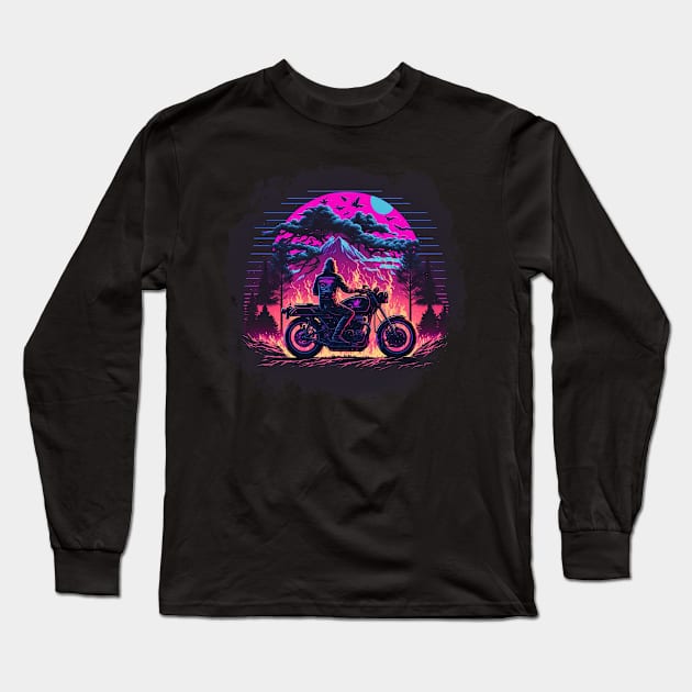 Retro Vintage Motorcycle Sunset Mountains Long Sleeve T-Shirt by Snoe